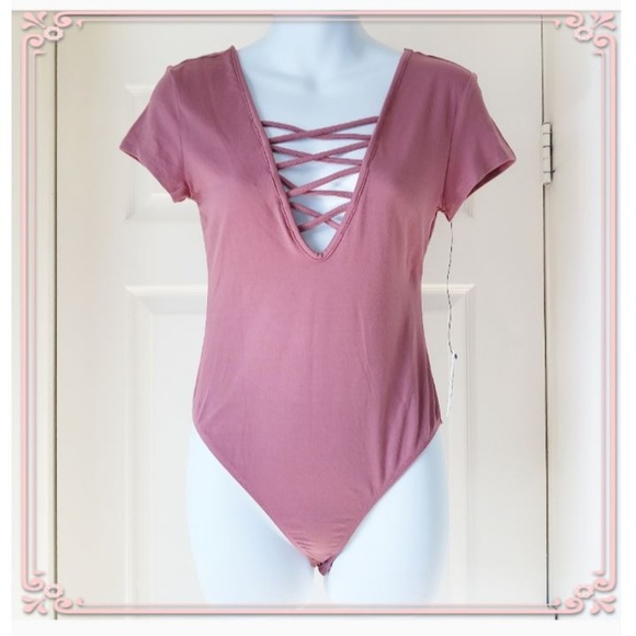 Tops - Vibes Plunge Neckline Lace Up Bodysuit Mauve Pink